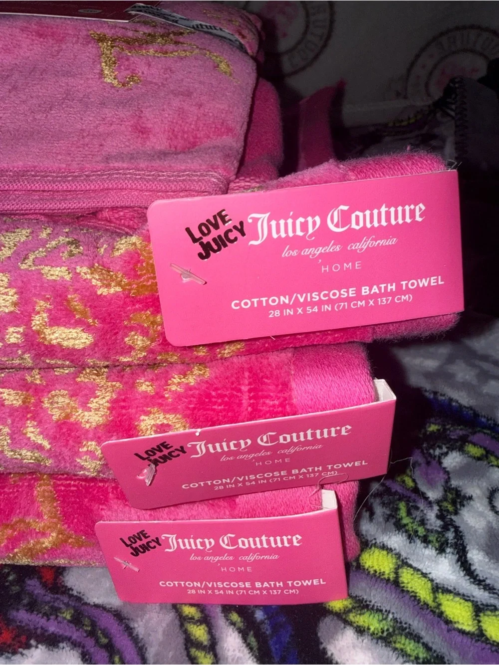 Juicy Couture Hot Pink Towels with Gold Accents